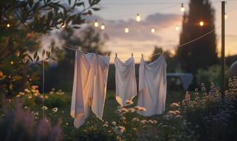 ai generato lavanderia essiccazione su il clothesline nel il giardino a tramonto foto