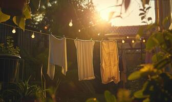 ai generato lavanderia essiccazione su il clothesline nel il giardino a tramonto foto