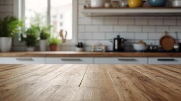 bellissimo legna tavolo superiore e sfocatura bokeh moderno cucina interno sfondo nel pulito e luminosa, studio caldo leggero foto