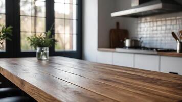 bellissimo legna tavolo superiore e sfocatura bokeh moderno cucina interno sfondo nel pulito e luminosa, studio caldo leggero foto