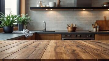 bellissimo legna tavolo superiore e sfocatura bokeh moderno cucina interno sfondo nel pulito e luminosa, studio caldo leggero foto