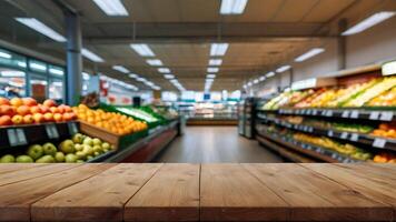 vuoto di legno tavolo con bellissimo supermercato sfondo, fotorealistico foto