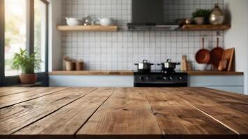 vuoto di legno tavolo con bellissimo supermercato sfondo, fotorealistico foto