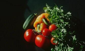 ai generato fresco verdure su un' buio sfondo. verdure su un' buio sfondo. foto