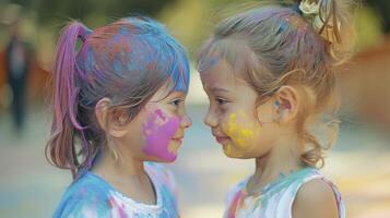 ai generato interculturale la gioia, carino europeo bambino ragazze festeggiare il indiano holi Festival, coperto nel colorato dipingere polvere su facce e corpi. foto