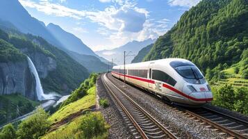 ai generato rapido transito. un' alta velocità treno taglio attraverso un' panoramico paesaggio, esemplificativo moderno viaggio e connettività. foto