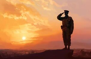 ai generato silhouette di un' soldato saluta a tramonto foto
