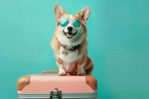 ai generato corgi cane indossare olografico occhiali da sole seduta su superiore di pastello rosa moderno valigia, viaggio concetto foto