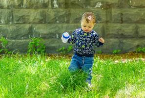 bambino giocando nel il giardino, bambino giocando su il terreno di gioco foto