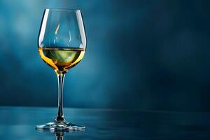 ai generato elegante bianca vino bicchiere su blu sfondo con ai generato. foto