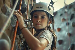 ai generato giovane scalatore praticante su interno arrampicata parete con ai generato. foto