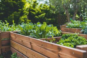 ai generato illuminata dal sole sollevato giardino letti con fresco verdure con ai generato. foto