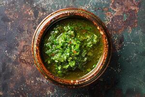 ai generato chimichurri salsa nel rustico ciotola. foto