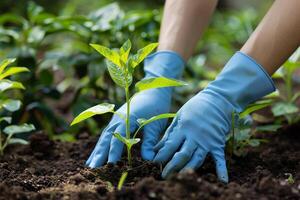 ai generato giardiniere piantare giovane basilico nel fertile suolo con ai generato. foto