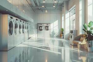 ai generato moderno lavanderia a gettoni con riga di lavaggio macchine con ai generato. foto