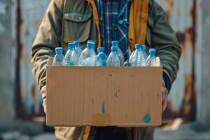 ai generato persona Tenere cartone scatola di plastica bottiglie con ai generato. foto