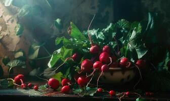 ai generato fresco Ravanelli con verde le foglie su un' buio sfondo. selettivo messa a fuoco. foto