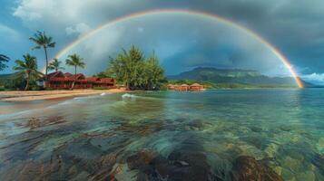 ai generato arcobaleno al di sopra di corpo di acqua con palma alberi foto