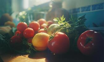 ai generato pomodori e limoni su il tavolo nel il cucina. selettivo messa a fuoco. foto