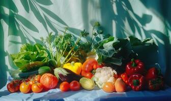 ai generato fresco verdure su il tavolo nel il cucina. salutare cibo concetto. foto