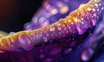 ai generato macro avvicinamento di bellissimo fresco acqua far cadere su viola barbabietola petalo foto