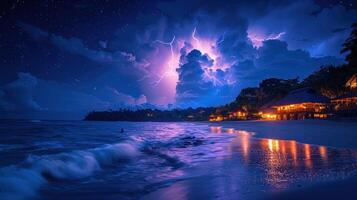 ai generato fulmine tempesta al di sopra di spiaggia a notte foto