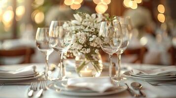 ai generato tavolo impostato con bianca fiori e candele foto