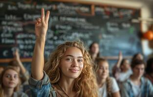 ai generato aula pieno di bambini raccolta loro mani foto