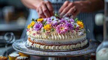 ai generato persona decorazione torta con fiori foto