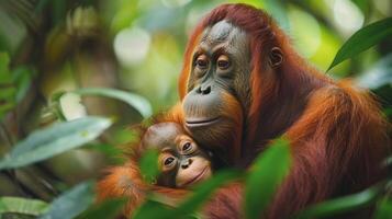 ai generato madre orangutan Tenere bambino nel albero foto