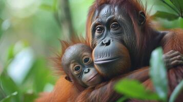 ai generato madre orangutan Tenere bambino nel albero foto