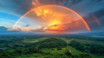 ai generato Due arcobaleni al di sopra di lussureggiante verde valle foto