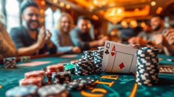 ai generato uomo nel smoking seduta a casinò tavolo foto