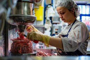 ai generato macellaio preparazione tritato carne nel fabbrica. foto