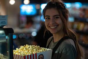 ai generato contento dipendente servendo Popcorn a cinema. foto