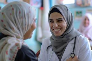 ai generato pediatra nel hijab sorridente a paziente. foto
