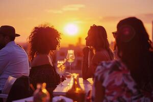 ai generato tramonto tetto festa con gli amici. foto