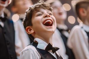 ai generato gioioso ragazzo cantando nel coro prestazione. foto