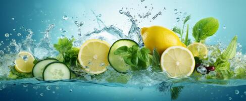 ai generato fresco erbe aromatiche e la verdura, come come cetrioli e limoni foto