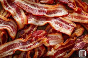 ai generato croccante fette di cucinato Bacon avvicinamento. foto