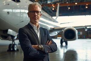 ai generato fiducioso uomo d'affari a aeroporto hangar. foto