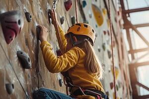 ai generato giovane scalatore praticante su interno arrampicata parete con ai generato. foto