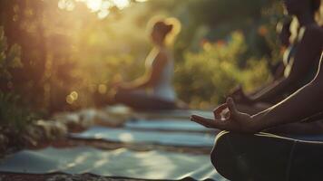 ai generato gruppo di persone fare yoga nel il natura, yoga tempo nel il natura, persone rilassante nel il natura, gruppo di persone fare yoga esercizio foto