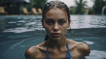 ai generato ritratto di un' bella ragazza nel il piscina, bagnato ritratto, bagnato gir nel il piscina, donna è nuoto nel il piscina foto