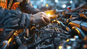 ai generato auto meccanico Lavorando nel officina, vicino su un' auto meccanico riparazione auto motore, servizio lavoratore a il opera foto