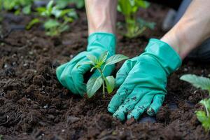 ai generato giardiniere piantare giovane basilico nel fertile suolo con ai generato. foto