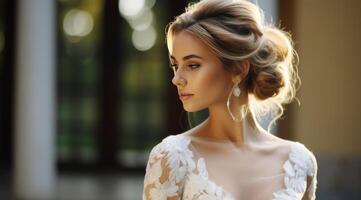 ai generato un' sposa con sua capelli tirato in un' superiore nodo. foto