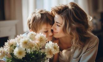 ai generato un' uomo baci il suo madre su giorno di il settimana foto