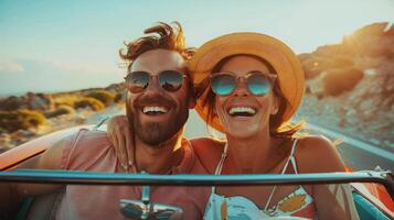 ai generato un' divertimento e avventuroso foto di un' coppia su un' strada viaggio, seduta nel un' colorato Vintage ▾ auto e ridendo insieme