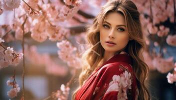ai generato bellissimo donna andando attraverso ciliegia fiori nel un' rosso chimono foto